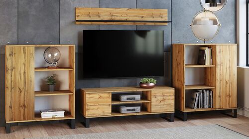 Dmora Parete attrezzata da soggiorno in stile industrial, Mobile porta TV con 2 credenze con anta reversibile, Mensola abbinata, colore Acero