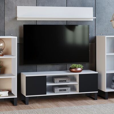 Dmora Parete attrezzata da soggiorno in stile industrial, Mobile porta TV con 2 credenze con anta reversibile, Mensola abbinata, colore Bianco e Nero