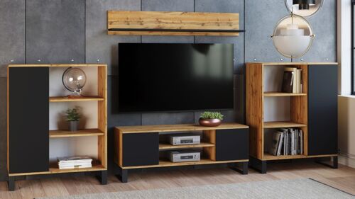 Dmora Parete attrezzata da soggiorno in stile industrial, Mobile porta TV con 2 credenze con anta reversibile, Mensola abbinata, colore Nero e Acero
