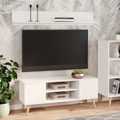 Dmora Parete attrezzata da soggiorno in stile scandi, Mobile porta TV con 1 credenza con anta reversibile, Mensola abbinata, colore Bianco