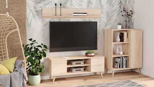 Dmora Parete attrezzata da soggiorno in stile scandi, Mobile porta TV con 1 credenza con anta reversibile, Mensola abbinata, colore Rovere