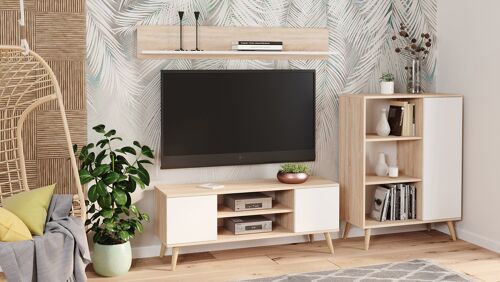 Dmora Parete attrezzata da soggiorno in stile scandi, Mobile porta TV con 1 credenza con anta reversibile, Mensola abbinata, colore Bianco e Rovere