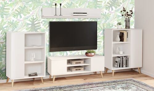 Dmora Parete attrezzata da soggiorno in stile scandi, Mobile porta TV con 2 credenze con anta reversibile, Mensola abbinata, colore Bianco