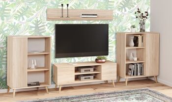 Unité murale de salon de style Dmora Scandi, meuble TV avec 2 buffets avec porte réversible, étagère assortie, couleur chêne 1