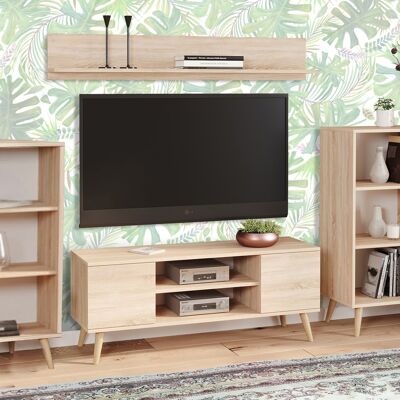 Dmora Parete attrezzata da soggiorno in stile scandi, Mobile porta TV con 2 credenze con anta reversibile, Mensola abbinata, colore Rovere