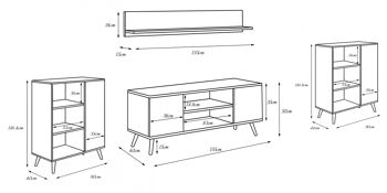 Unité murale de salon de style Dmora Scandi, meuble TV avec 2 buffets avec porte réversible, étagère assortie, couleur chêne 3