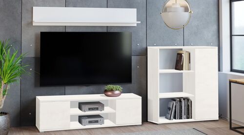 Dmora Parete attrezzata da soggiorno moderna, Mobile porta TV con 1 credenza con anta reversibile, Mensola abbinata, colore Bianco