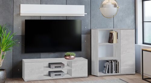 Dmora Parete attrezzata da soggiorno moderna, Mobile porta TV con 1 credenza con anta reversibile, Mensola abbinata, colore Cemento