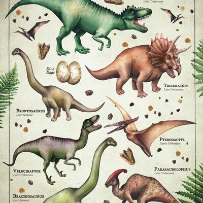 Vintage Style Dinosaur Chart Educational Print - 50x70 - Matte