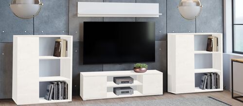 Dmora Parete attrezzata da soggiorno moderna, Mobile porta TV con 2 credenze con anta reversibile, Mensola abbinata, colore Bianco