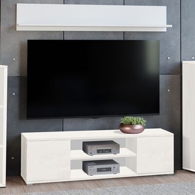 Dmora Parete attrezzata da soggiorno moderna, Mobile porta TV con 2 credenze con anta reversibile, Mensola abbinata, colore Bianco