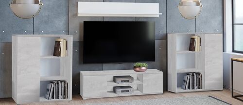 Dmora Parete attrezzata da soggiorno moderna, Mobile porta TV con 2 credenze con anta reversibile, Mensola abbinata, colore Cemento