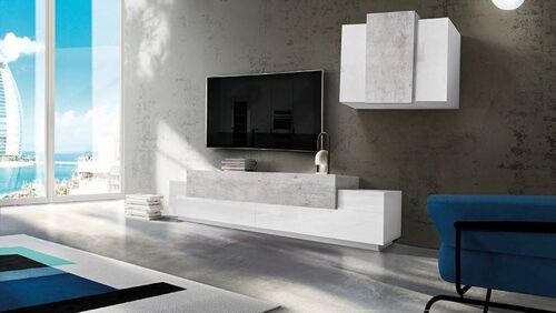 Dmora Parete attrezzata da soggiorno modulare, Made in Italy, Mobile porta TV e pensile , Set salotto moderno, cm 280x45h180, Bianco lucido e Cemento