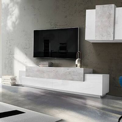Dmora Parete attrezzata da soggiorno modulare, Made in Italy, Mobile porta TV e pensile , Set salotto moderno, cm 280x45h180, Bianco lucido e Cemento
