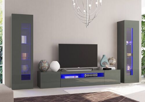 Dmora Parete attrezzata da soggiorno modulare, Made in Italy, Mobile porta TV, Set salotto moderno, cm 300x40h162, Antracite lucido, con luce LED blu