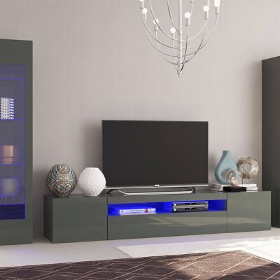 Dmora Parete attrezzata da soggiorno modulare, Made in Italy, Mobile porta TV, Set salotto moderno, cm 300x40h162, Antracite lucido, con luce LED blu
