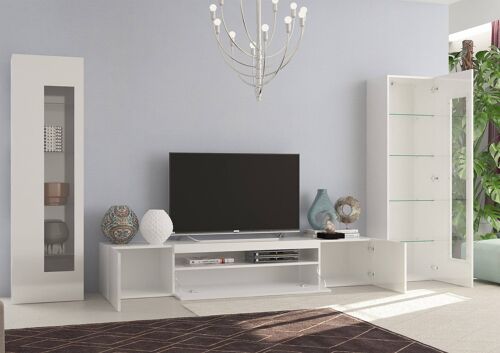 Dmora Parete attrezzata da soggiorno modulare, Made in Italy, Mobile porta TV, Set salotto moderno, cm 300x40h162, Bianco lucido