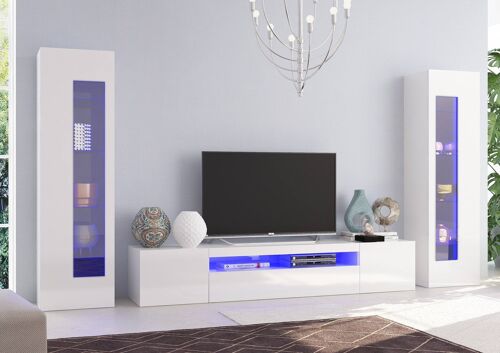 Dmora Parete attrezzata da soggiorno modulare, Made in Italy, Mobile porta TV, Set salotto moderno, cm 300x40h162, Bianco lucido, con luce LED blu
