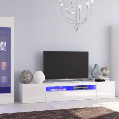 Dmora Parete attrezzata da soggiorno modulare, Made in Italy, Mobile porta TV, Set salotto moderno, cm 300x40h162, Bianco lucido, con luce LED blu