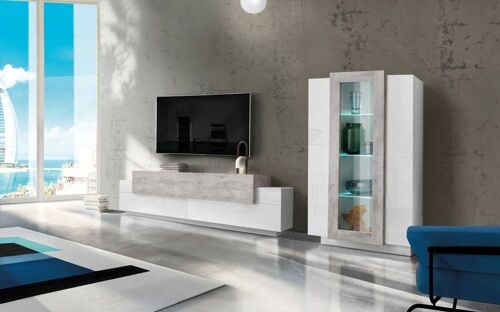 Dmora Parete attrezzata da soggiorno modulare, Made in Italy, Porta TV a luce LED bianca, Set salotto moderno, cm 290x45h121, Bianco lucido e Cemento