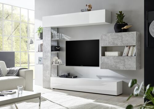 Dmora Parete attrezzata da soggiorno reversibile, Made in Italy, Mobile porta TV, Set salotto moderno, cm 295x30h197, colore Bianco lucido e Cemento