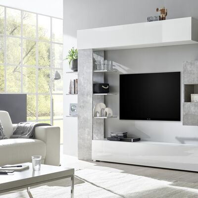 Dmora Parete attrezzata da soggiorno reversibile, Made in Italy, Mobile porta TV, Set salotto moderno, cm 295x30h197, colore Bianco lucido e Cemento