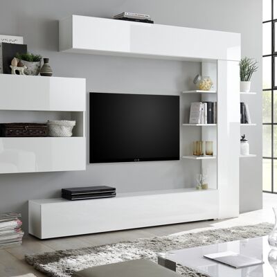 Dmora Parete attrezzata da soggiorno reversibile, Made in Italy, Mobile porta TV, Set salotto moderno, cm 295x30h197, colore Bianco lucido e Opaco