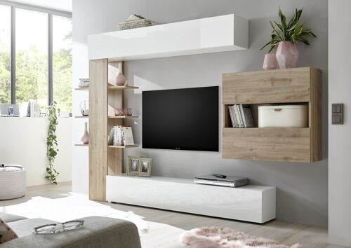 Dmora Parete attrezzata da soggiorno reversibile, Made in Italy, Mobile porta TV, Set salotto moderno, cm 295x30h197, colore Bianco lucido e Rovere
