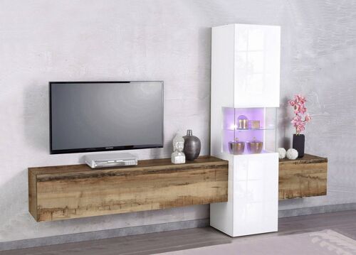Dmora Parete attrezzata da soggiorno, Made in Italy, con luce LED bianca, Mobile TV, Set salotto moderno, cm 265x40h181, Bianco lucido e Acero
