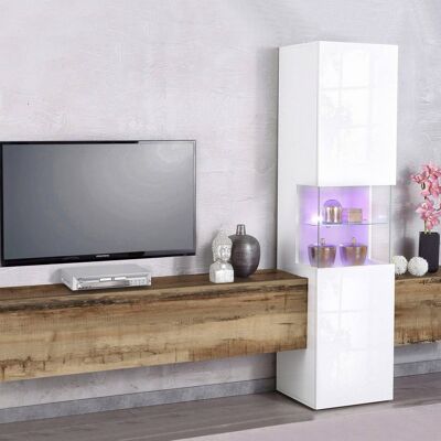 Dmora Parete attrezzata da soggiorno, Made in Italy, con luce LED bianca, Mobile TV, Set salotto moderno, cm 265x40h181, Bianco lucido e Acero