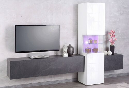Dmora Parete attrezzata da soggiorno, Made in Italy, con luce LED bianca, Mobile TV, Set salotto moderno, cm 265x40h181, Bianco lucido e Grigio Cenere