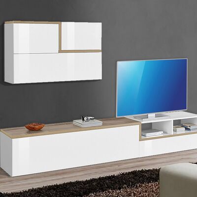 Dmora Parete attrezzata da soggiorno, Made in Italy, Mobile porta TV e pensile sospeso, Set salotto moderno, cm 240x40h180, Bianco lucido e Acero