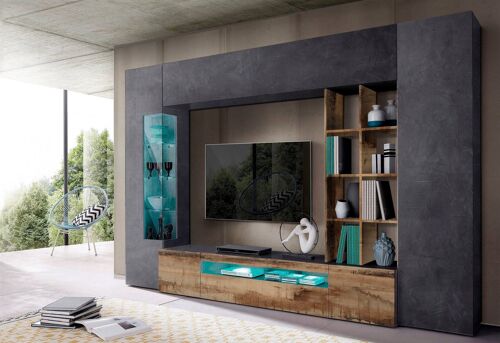 Dmora Parete attrezzata da soggiorno, Made in Italy, Mobile porta TV, Set salotto moderno, cm 290x40h192, Ardesia e Acero, con luce LED blu