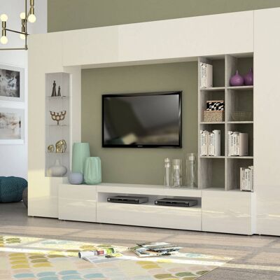 Dmora Parete attrezzata da soggiorno, Made in Italy, Mobile porta TV, Set salotto moderno, cm 290x40h192, Bianco lucido e Cemento