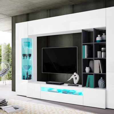 Dmora Parete attrezzata da soggiorno, Made in Italy, Mobile porta TV, Set salotto moderno, cm 290x40h192, Bianco lucido e Grigio Cenere, con luce LED blu