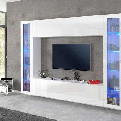 Dmora Parete attrezzata da soggiorno, Made in Italy, Porta TV, Set salotto moderno, cm 260x30h180, Bianco lucido, con luce LED blu e due vetrine