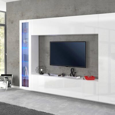 Dmora Parete attrezzata da soggiorno, Made in Italy, Porta TV, Set salotto moderno, cm 260x30h180, Bianco lucido, con luce LED blu ed una vetrina