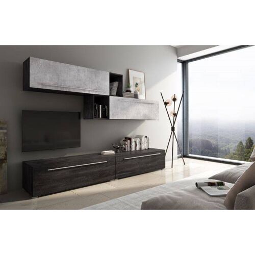 Dmora Parete attrezzata da soggiorno, Mobile porta TV con pensili e scaffali, Salotto moderno completo, cm 250x50h39, colore Antracite e Cemento