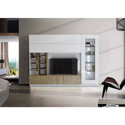 Dmora Parete attrezzata da soggiorno, Mobile porta TV con vetrinetta e scaffali, Salotto moderno completo, Made in Italy, cm 278x52xh207, colore Bianco e Rovere