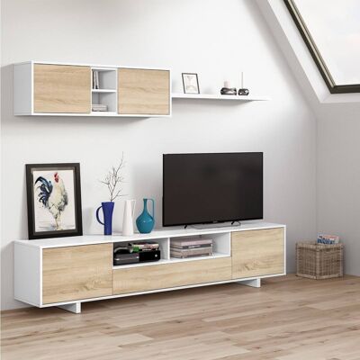 Dmora Parete attrezzata Hartford, Mobile da soggiorno porta TV, Composizione set salotto, Set salotto con pensile, cm 260x41h46, Bianco lucido e Rovere