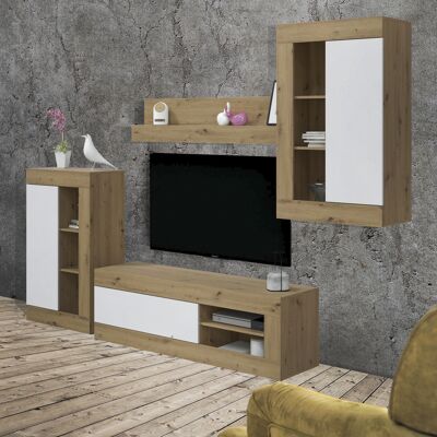 Dmora Parete attrezzata Oakland, Mobile da soggiorno porta TV, Composizione per salotto con 3 pensili e 1 mensola, cm 270x35h113, Rovere e Bianco