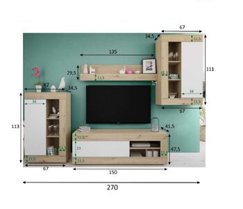 Unité murale Dmora Oakland, Meuble TV de salon, Composition pour le salon avec 3 unités murales et 1 étagère, cm 270x35h113, Chêne et Blanc 6