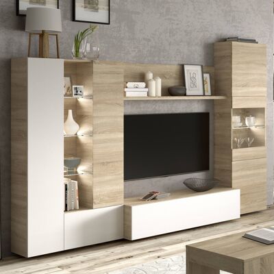 Dmora Parete attrezzata Raleigh, Mobile da soggiorno porta TV modulare, Composizione per salotto con pensili e vetrine con luce led, cm 260x42h185, Rovere e Bianco