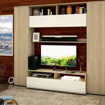 Dmora Parete da soggiorno con base porta TV e due ante battenti con ripiani e vani aperti, cm 158 x 45 x 212, colore Rovere e Bianco