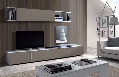 Dmora Parete da soggiorno con base porta TV e pensile con vani aperti, cm 200 x 39 x 42, colore Tortora e Bianco lucido