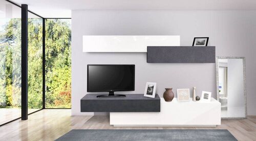 Dmora Parete da soggiorno con base porta TV e pensili con ante a ribalta, cm 250 x 50 x h240, colore Bianco lucido e Antracite