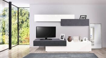 Dmora Mur de salon avec base de meuble TV et éléments hauts avec portes battantes, 250 x 50 x h240 cm, couleur blanc brillant et anthracite 1