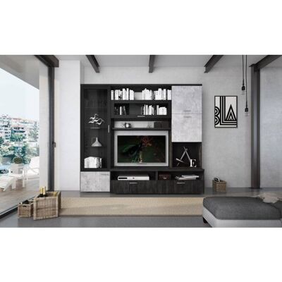 Dmora Parete da soggiorno con base porta TV e vetrina con ante a ribalta, cm 240 x 50 x 215, colore Cemento e Nero