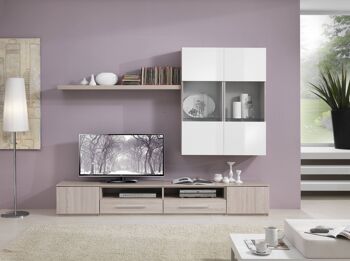 Dmora Mur de salon avec base de meuble TV et vitrine suspendue, 185 x 42 x 195 cm, couleur Blanc et Chêne