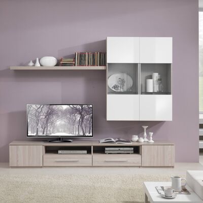 Dmora Parete da soggiorno con base porta TV e vetrina pensile, cm 185 x 42 x 195, colore Bianco e Rovere